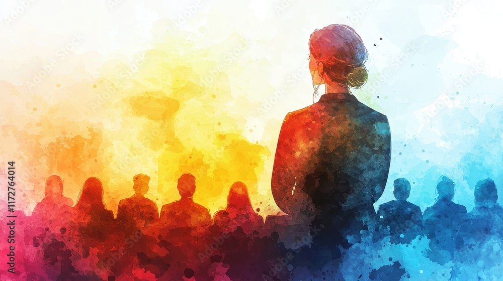 Aufkleber audience listening to speaker in abstract colorful presentation scene with watercolor effect