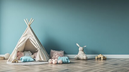 A warm and inviting vintage children's room with a small play tent, toys, and pillows scattered on a parquet floor with a blue backdrop