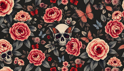 Seamless pattern with skulls, red roses, and butterflies. Gothic romance, dark floral, tattoo design, Halloween pattern