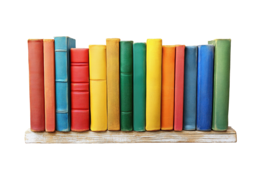 Row of vintage hardcover books with colorful covers standing on wooden shelf, antique literature collection isolated on transparent background, library and reading themes