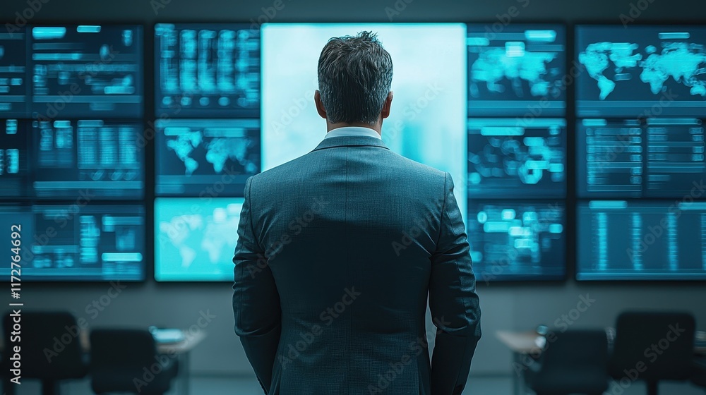 Poster business professional analyzing data trends in a modern office environment with digital screens disp