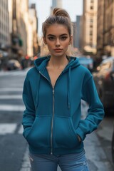 A young woman stands confidently on a city street, wearing a teal color zip-up zipped hoodie mockup and light blue jeans. The urban backdrop features blurred cars and tall buildings.
