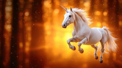 A sunrise over a magical unicorn in a mystical forest with a rainbow. High Quality