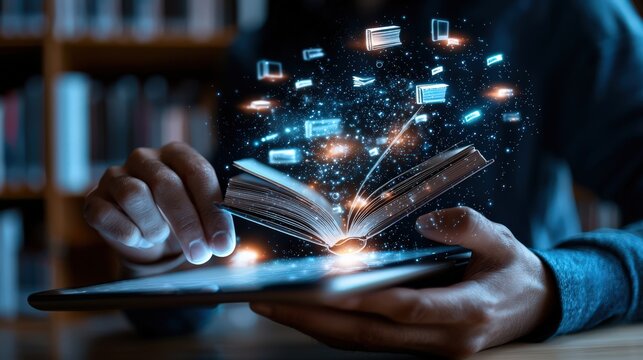 A close-up of a student using a tablet to access an online library, with glowing book icons floating around the screen