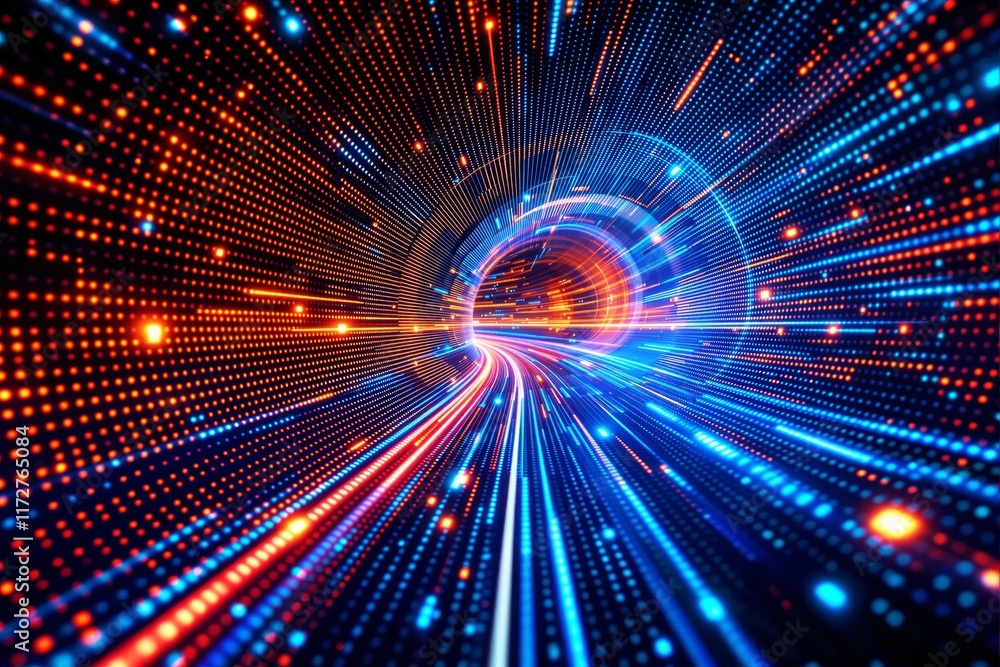 Poster abstract tunnel with vibrant orange and blue dots forming a glowing pattern, creating a dynamic futu