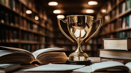 A close-up of a golden trophy surrounded by academic books and certificates, representing academic achievement