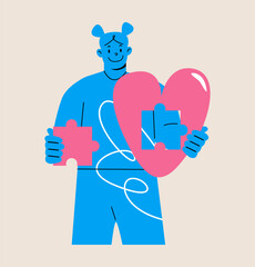 Woman holding puzzle piece of heart in hands. Mental health concept. Colorful vector illustration