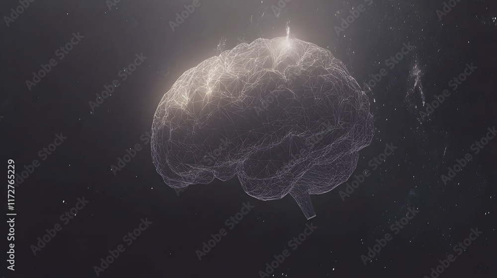 Poster abstract wireframe brain in space, glowing softly, representing intelligence, neural networks, and c