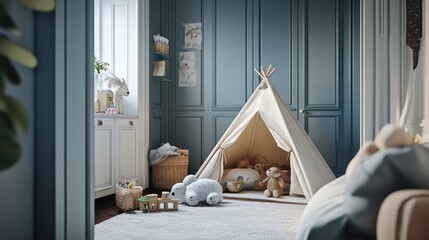 Blue-walled vintage children's room with a cozy play tent, toys, and soft furnishings creating a warm, nostalgic atmosphere