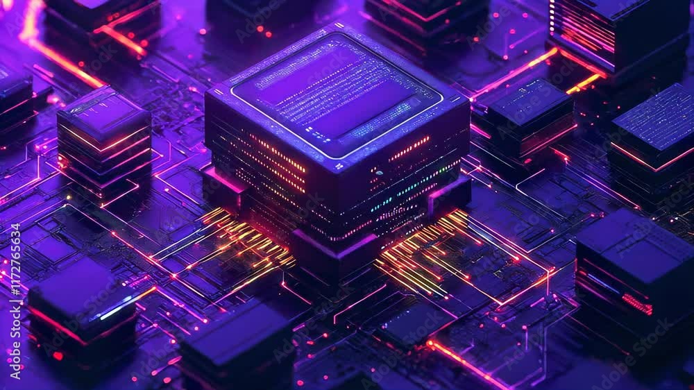Poster exploring the intricate details of a vibrant electronic circuit with glowing connections and a centr