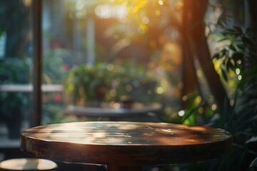 Obraz premium Sunlit Table in Greenhouse with Blurred Background and Warm Glow