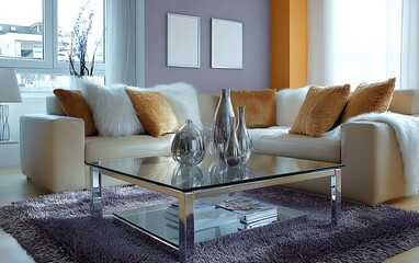 Modern living room interior design, cozy seating area, stylish decor, city view.