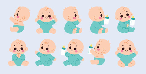 Adorable Baby Illustrations Five Poses Cute Cartoon Infants Smiling Playing Bottle Feeding