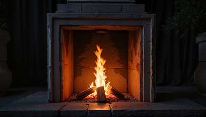 Obraz premium Cozy fireplace with glowing flames in darkened room