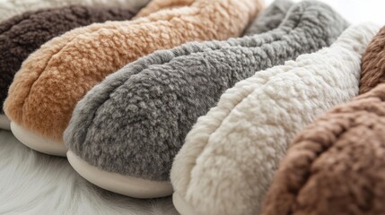 Cozy, plush, faux fur house slippers in various colors, lined up in a row.