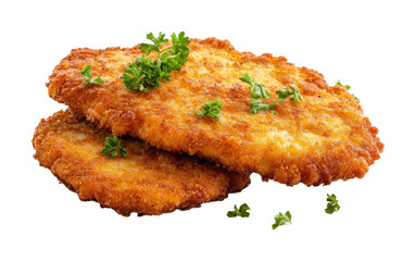 German schnitzel cutlet served on a white plate garnished with fresh herbs ready to be enjoyed. Isolated on transparent background, png.