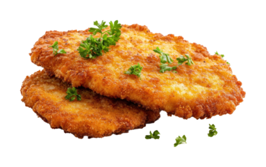 German schnitzel cutlet served on a white plate garnished with fresh herbs ready to be enjoyed. Isolated on transparent background, png.