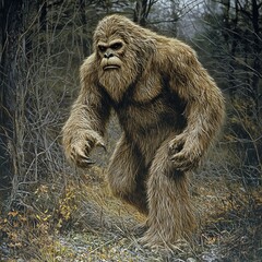 A depiction of Sasquatch, the mythical and elusive creature in a forest. Perfect for fantasy, folklore, and mythical creature-themed designs.	
