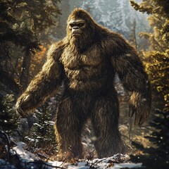 A depiction of Sasquatch, the mythical and elusive creature in a forest. Perfect for fantasy, folklore, and mythical creature-themed designs.	