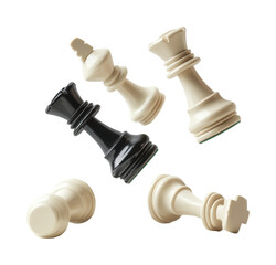 Chess pieces in black and white falling, scattered game board kings, queens, rooks isolated on white background for strategy concepts