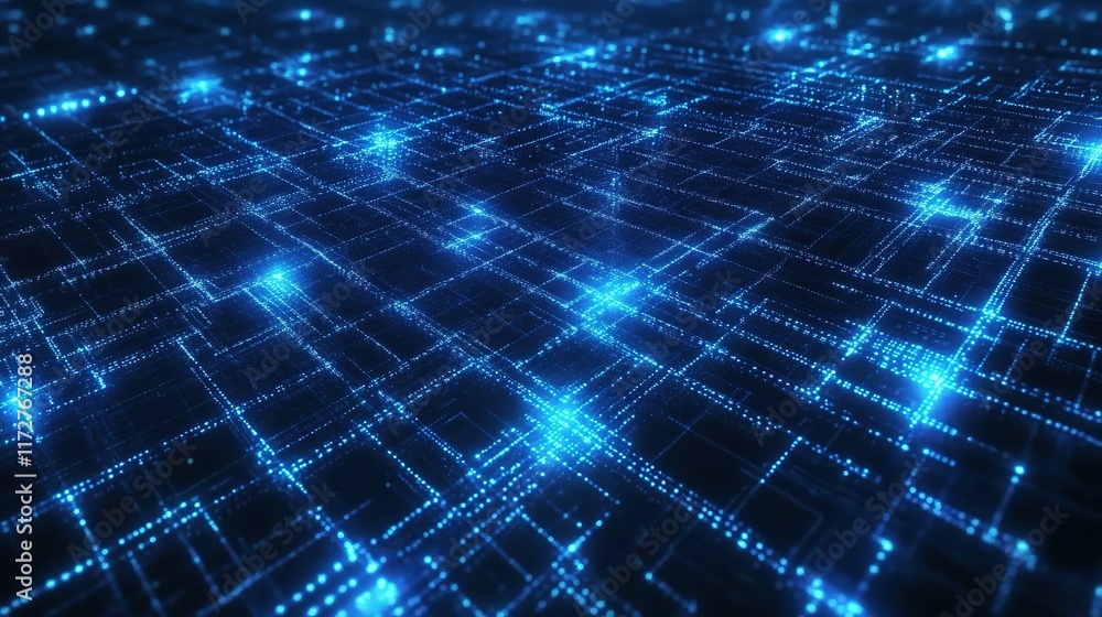 Poster abstract digital technology grid in blue with connected nodes