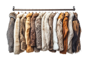 Collection of luxurious fur coats hanging on a wardrobe rack, perfect for fashion designs, retail advertising, or winter-themed visuals isolated on transparent background.