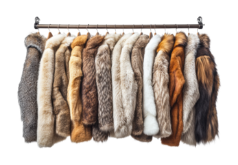 Collection of luxurious fur coats hanging on a wardrobe rack, perfect for fashion designs, retail advertising, or winter-themed visuals isolated on transparent background.