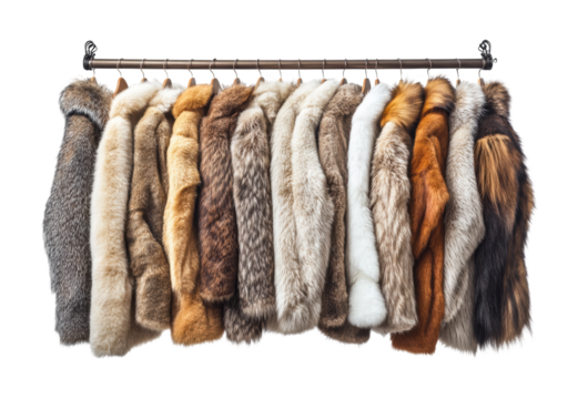Collection of luxurious fur coats hanging on a wardrobe rack, perfect for fashion designs, retail advertising, or winter-themed visuals isolated on transparent background.