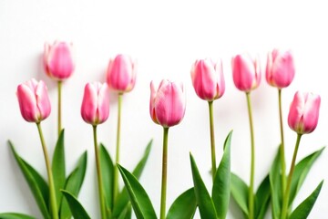 Fototapeta premium Soft pink tulips sway gently in the breeze against a crisp white background, tulip, garden