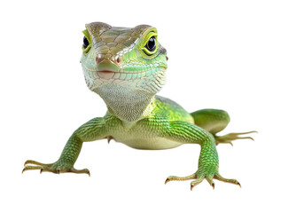 Obraz premium Bright green lizard close-up with textured scales and big curious eyes, exotic reptile in active pose perfect for wildlife photography isolated on transparent background