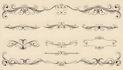 Obraz premium Calligraphic design elements . Decorative swirls or scrolls, vintage frames , flourishes, labels and dividers, with white tones