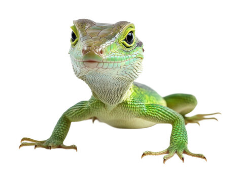 Bright green lizard close-up with textured scales and big curious eyes, exotic reptile in active pose perfect for wildlife photography isolated on transparent background