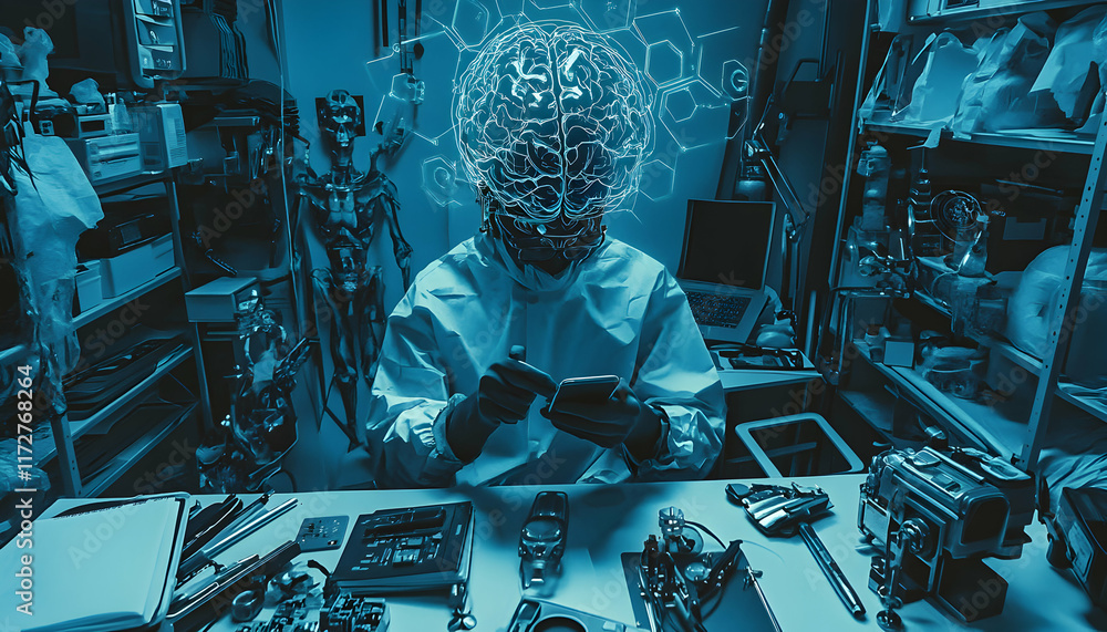 Poster person in protective suit using smartphone with digital brain overlay, futuristic tech lab setting.
