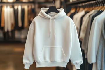 A plain white hoodie mockup on a hanger in a clothing store. The background features various other garments hanging on racks, creating a stylish retail atmosphere. 