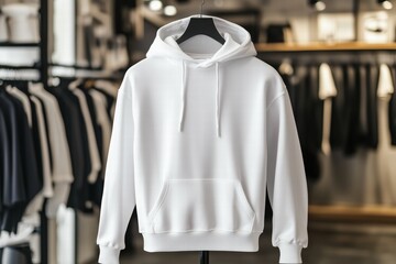 A plain white hoodie mockup on a hanger in a modern clothing store. The background features various clothing items on racks, creating a stylish retail environment. 