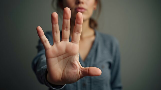 A Young Woman Showing A Stop Gesture With Her Hand To Highlight Resistance Against Harassment And Violence.