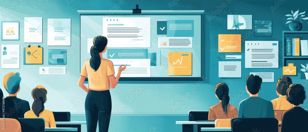 Poster woman presenting data insights to engaged audience in modern office setting with visual graphics