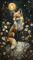 Fototapeta premium Majestic fox under full moon enchanted forest art illustration nighttime close-up nature's beauty