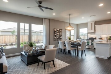 Fototapeta premium Modern open-plan kitchen, dining, and living area with large windows, hardwood floors, and stylish furniture.