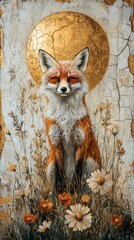 Fototapeta premium Majestic fox portrait nature scene digital artwork floral background artistic view wildlife concept