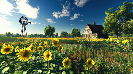 Obraz premium A peaceful farming simulation game scene with a vibrant sunflower field, a traditional windmill slowly turning, and a cozy farmhouse surrounded by lush greenery under a bright blue sky.