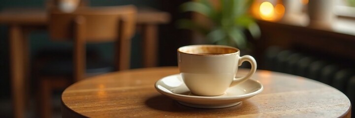 Obraz premium Warm beige cup filled with dark liquid on a small wooden table in a cozy cafe atmosphere , , brown liquid