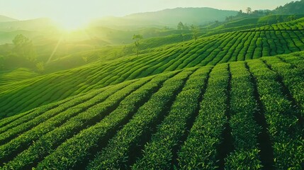 Lush Green Tea Plantation at Sunrise with Rolling Hills in Spring
