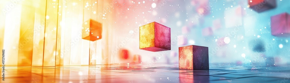 Poster colorful abstract digital background with floating cubes and bokeh effects in vibrant light
