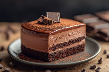 Chocolate cake slice on plate, cocoa powder, dark background, dessert