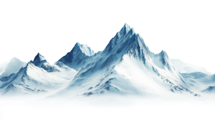 Snowy mountain peaks with misty valleys, winter landscape, majestic alpine scenery, frozen wilderness, cold weather, travel adventure, natural beauty, isolated on transparent background