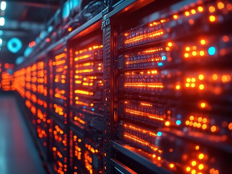 Data center server room with glowing lights.