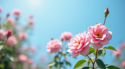 Obraz premium Pink Roses Blooming Vibrantly against a Clear Blue Sky on a Sunny Day.