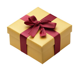Obraz premium Golden gift box with red satin ribbon bow, luxurious present packaging for holidays, celebrations, and special occasions, isolated on transparent background
