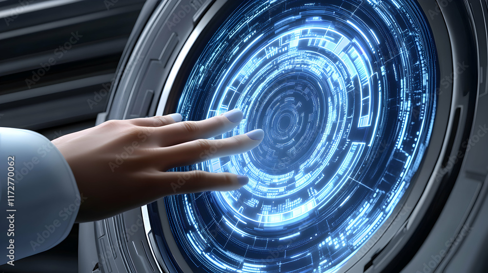 Aufkleber futuristic interface, hand interacting with glowing circular digital display. sci-fi technology conc